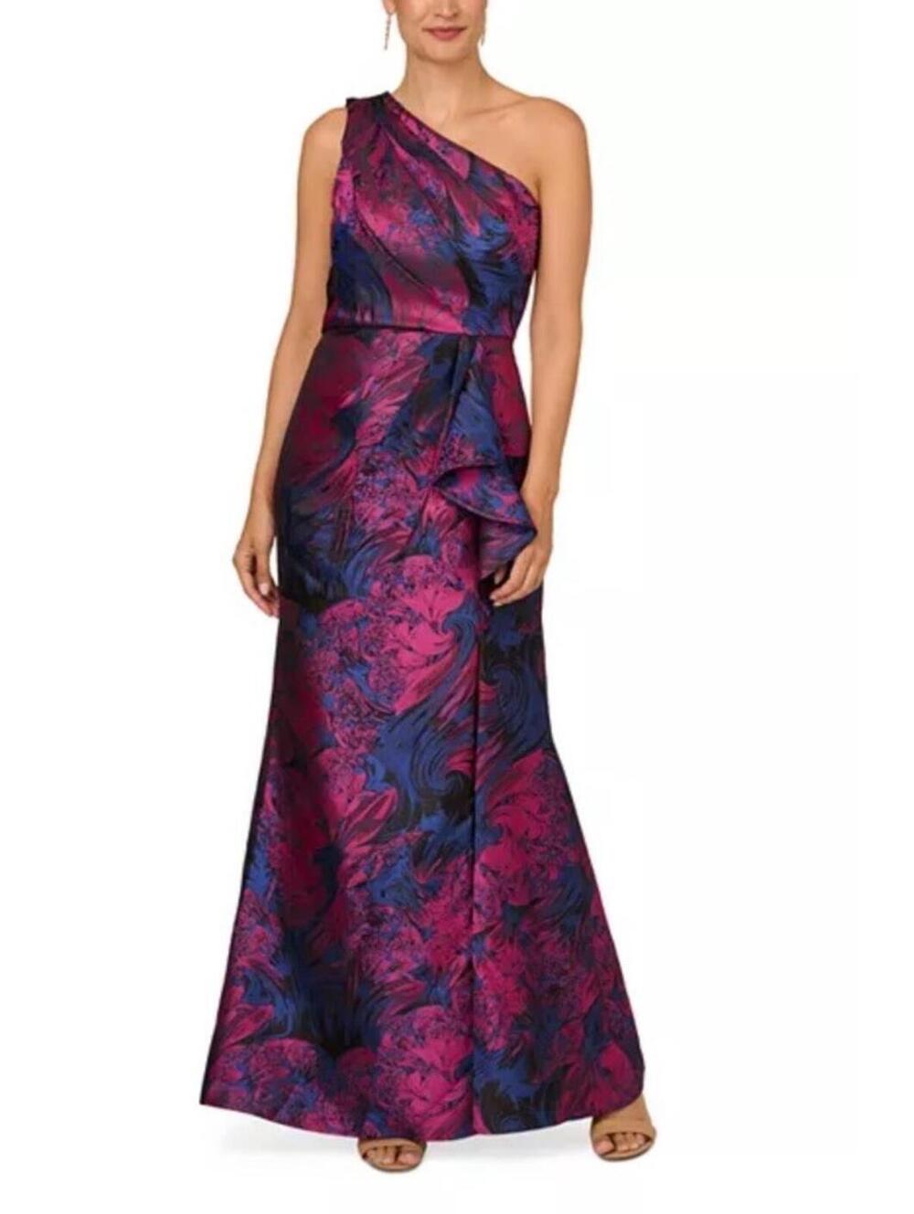 New Adrianna Papell One Shoulder Jacquard Gown In Navy Orchid Sz 8 $249